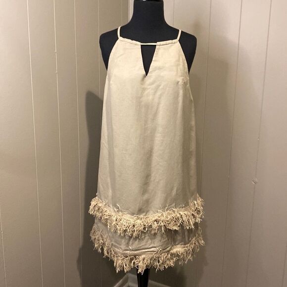 Reformation Small Beige Oatmeal Lindos Fringe Mini Linen Dress - Picture 2 of 8